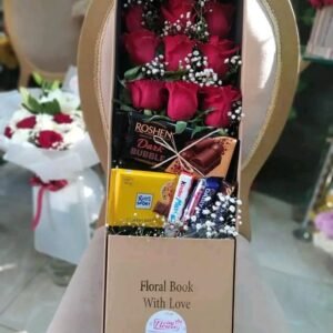 بوكس ورد جوري احمر وبيبي فلاور وميكس شوكولا مستورده