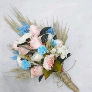 جرب صناعي ورد جوري بينك وازرق بهاند كتان بيج